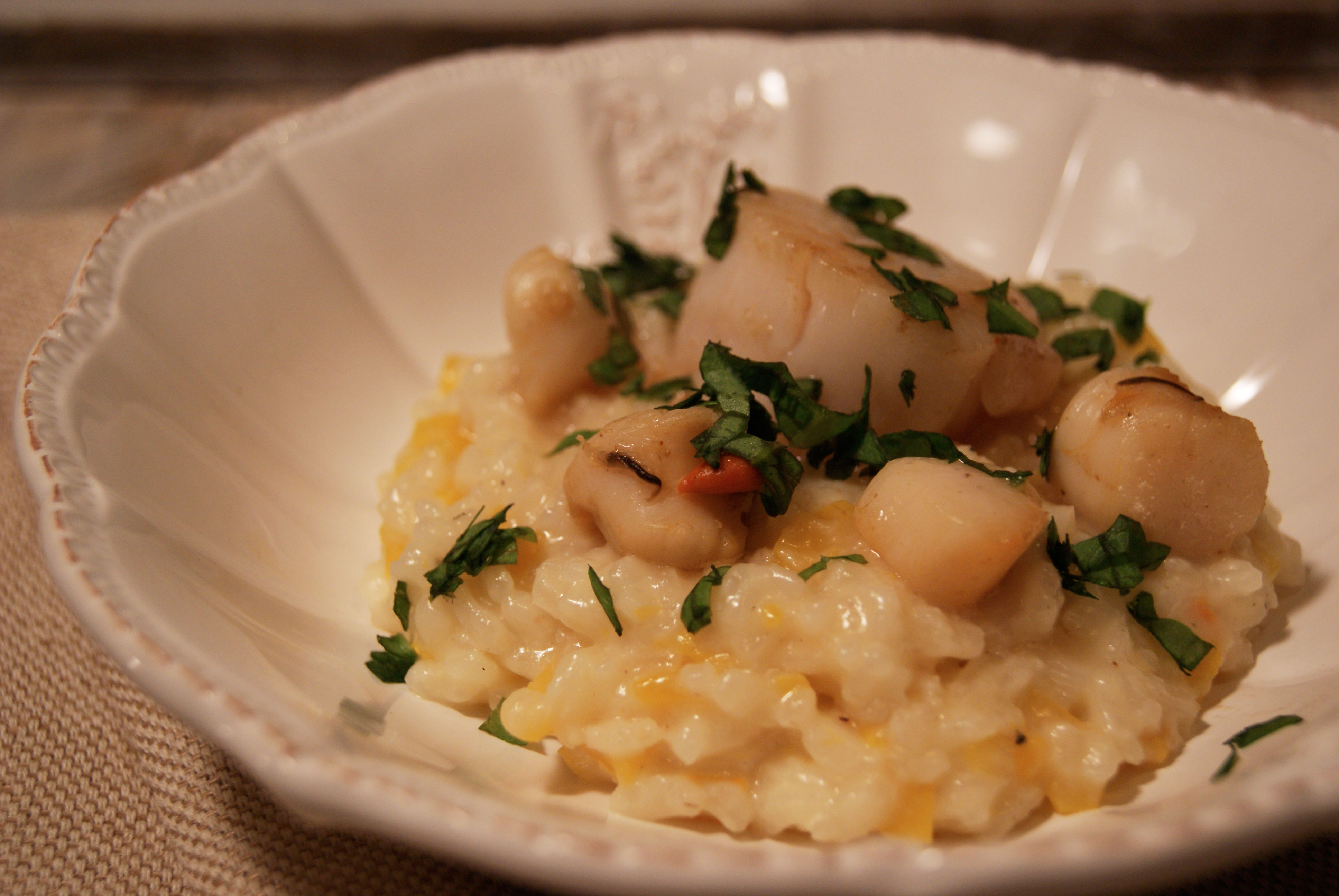 Risotto à la courge butternut, sauge, pétoncles et noix de st jacques