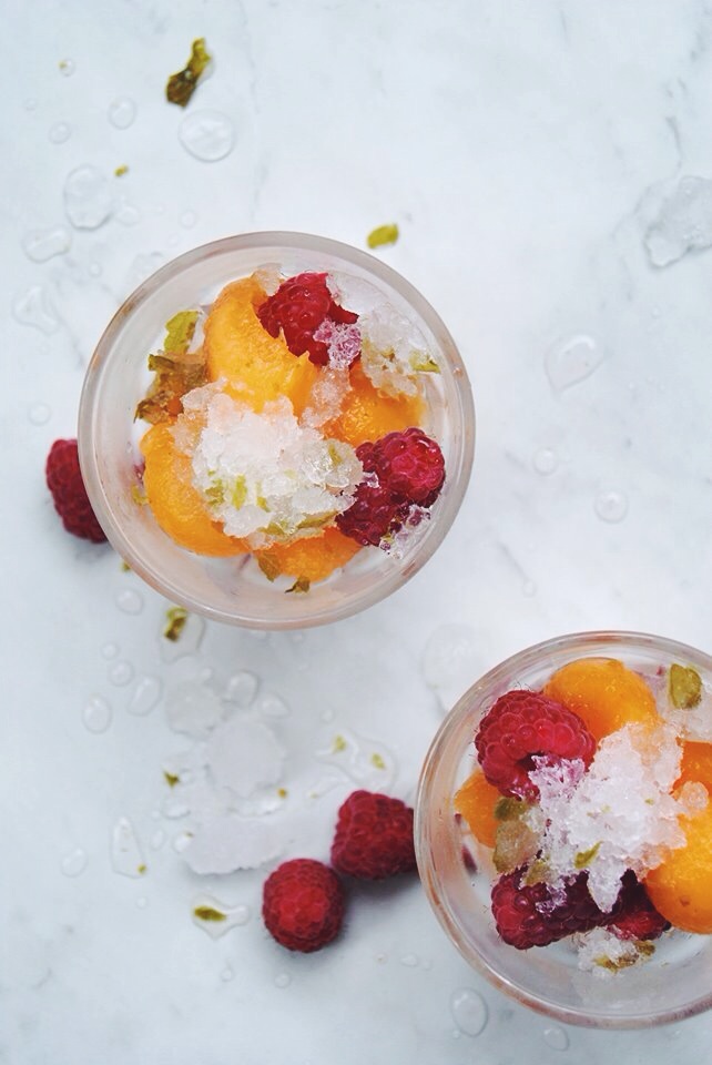 Salade de melon & framboises, granité à la verveine