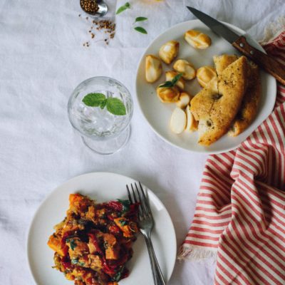 Foccacia et salade de patates douces rôties