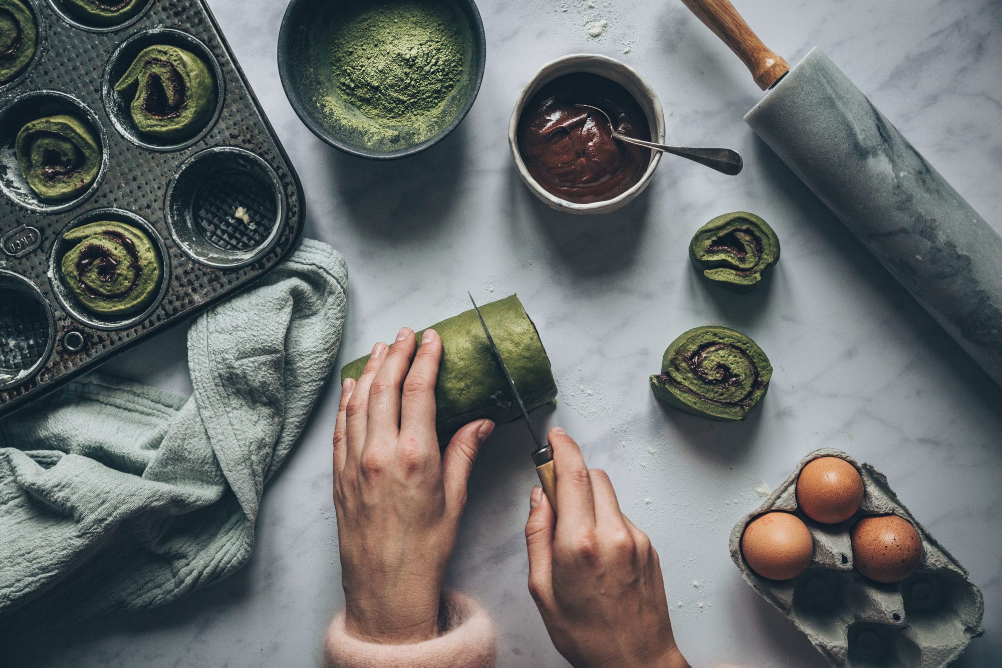 Buns roulés au matcha & chocolat