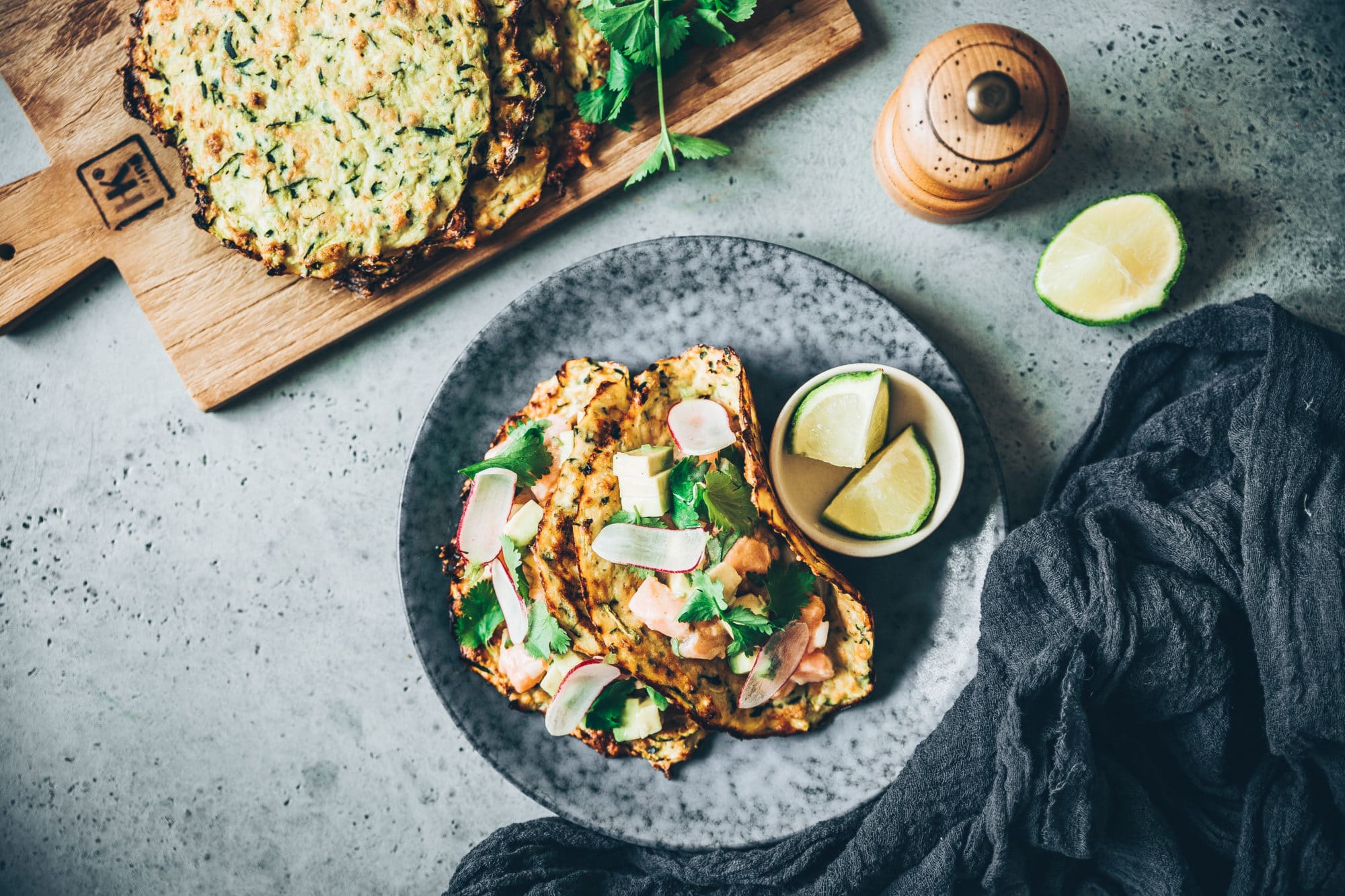 Tacos de courgettes et ceviche de saumon