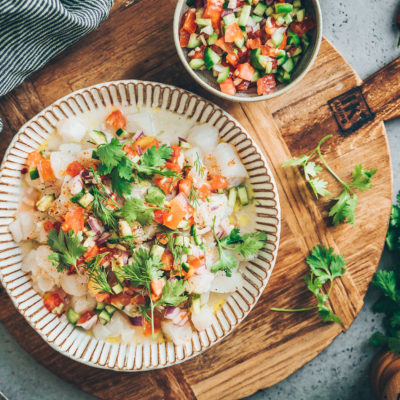 Ceviche de cabillaud, salsa tomate et concombre de France