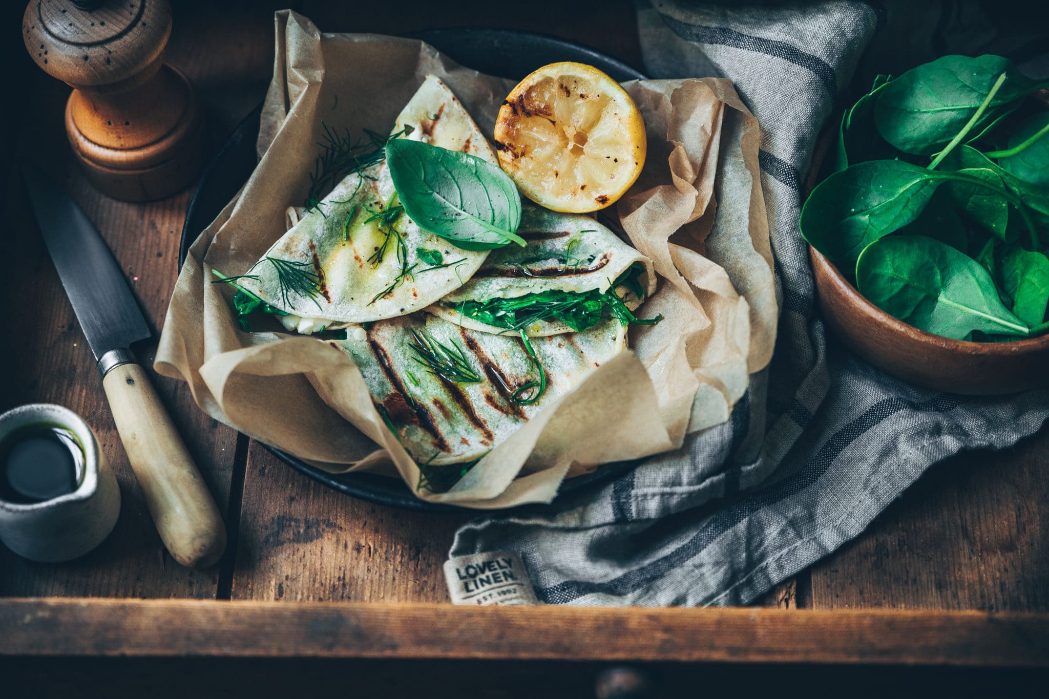 Quesadillas feta, épinards & champignons