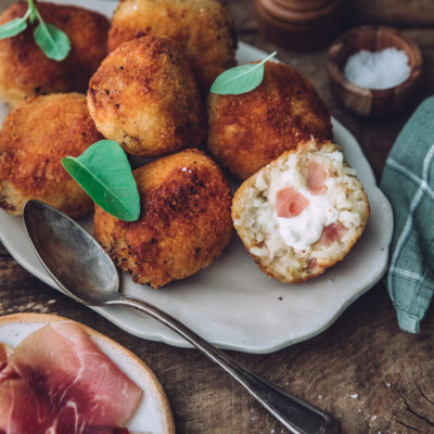 Arancini au Jambon de Savoie, burrata et citron confit