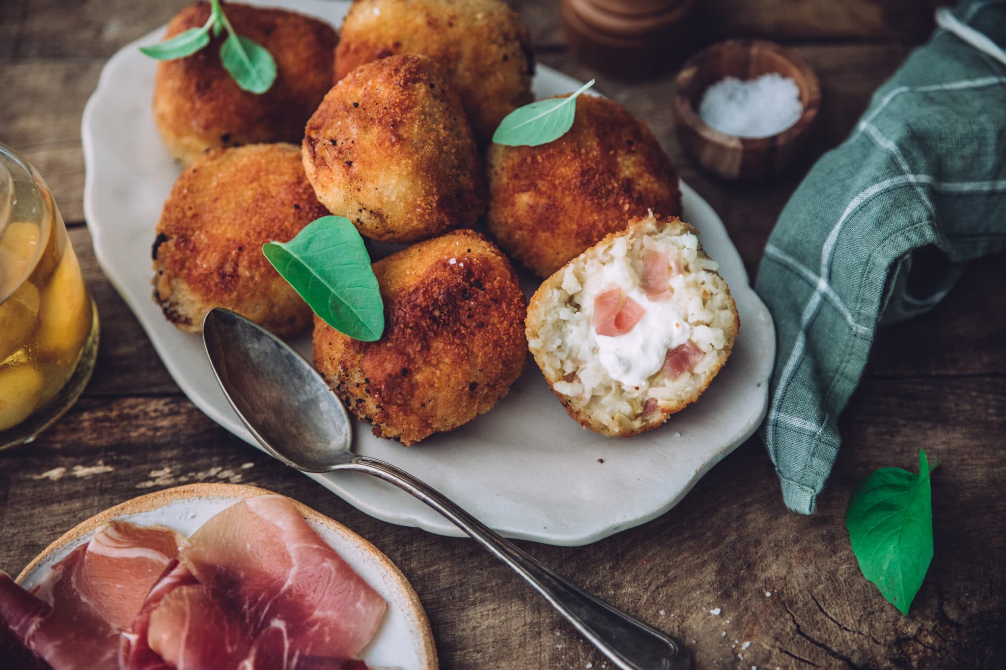 Arancini au Jambon de Savoie, burrata et citron confit