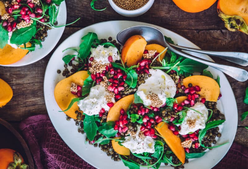 Salade de lentilles, kaki, grenade et burrata